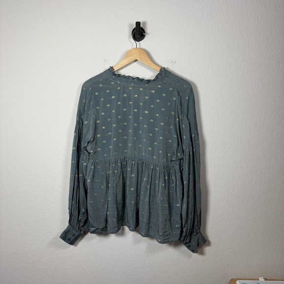 By Anthropologie Women’s Ruffled Peasant Blouse in Blue/Gold Metallic M - Picture 14 of 16